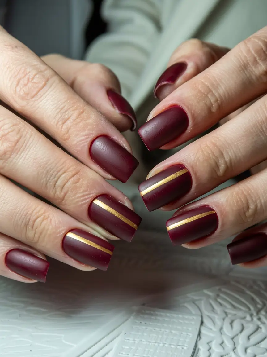 Best Simple Winter Nail Looks 2025–2026 – Burgundy Striped Elegance