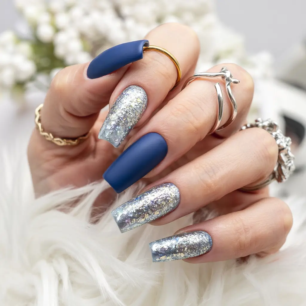 Best Simple Winter Nail Looks 2025–2026 – Blue Velvet Glitter Magic