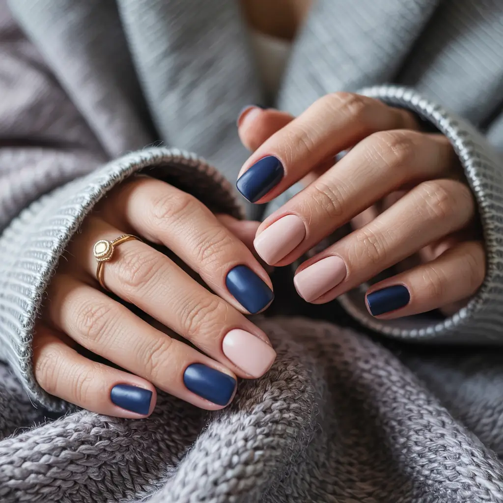 Best Simple Winter Nail Looks 2025–2026 – Matte Navy & Nude Harmony