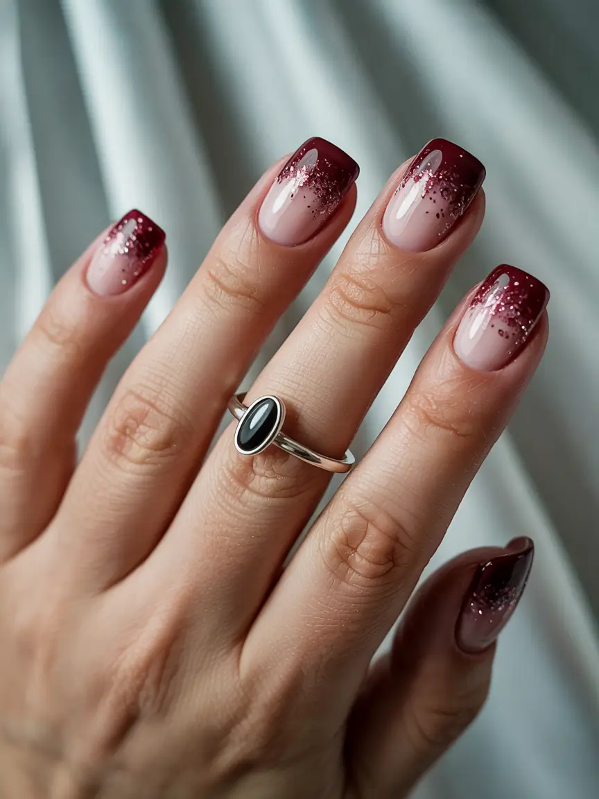 Best Simple Winter Nail Looks 2025–2026 – Burgundy Glitter Fade