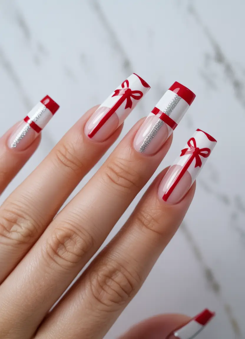 Chic Christmas Nails 2025 Gift-Wrapped Elegance in Red and White