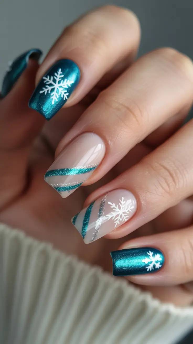 Chic Christmas Nails 2025 Teal Sparkle and Snowflake Stripes