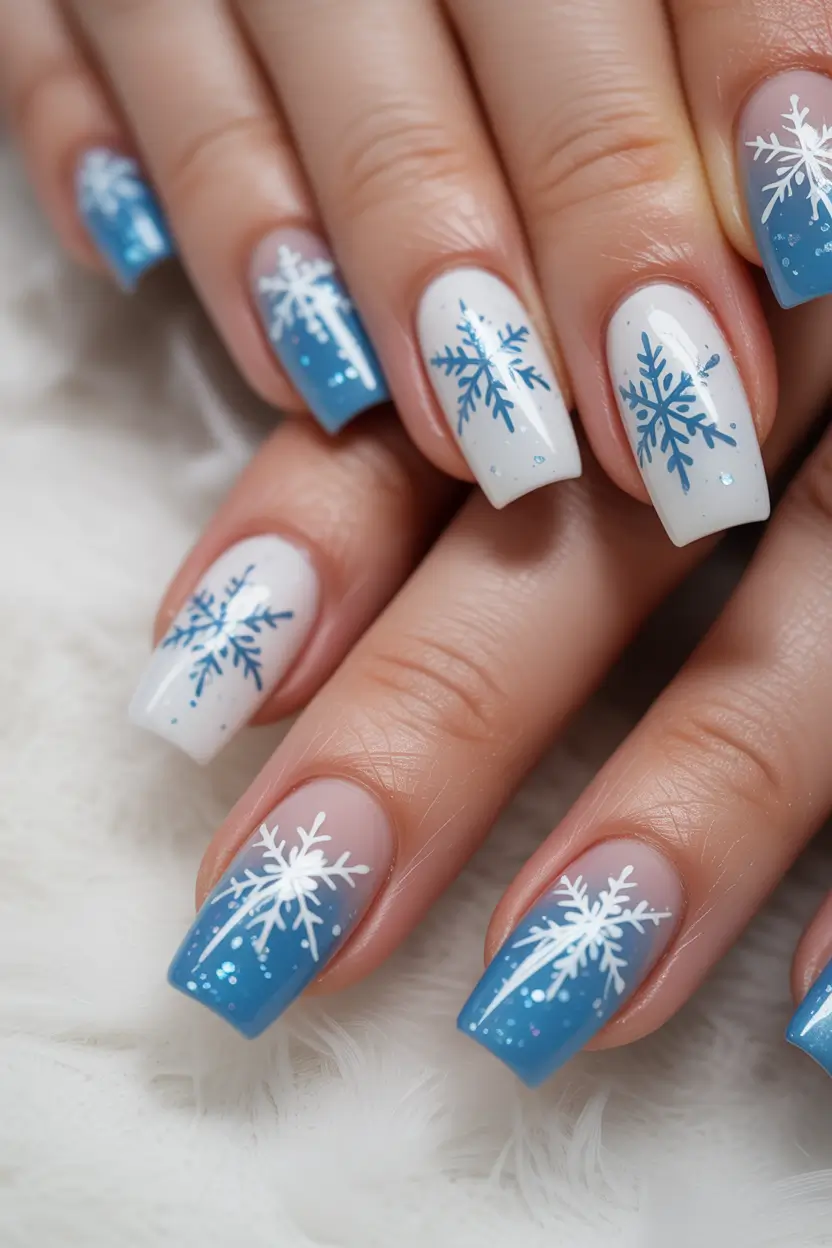 Chic Christmas Nails 2025 Frosted Blue Snowflakes