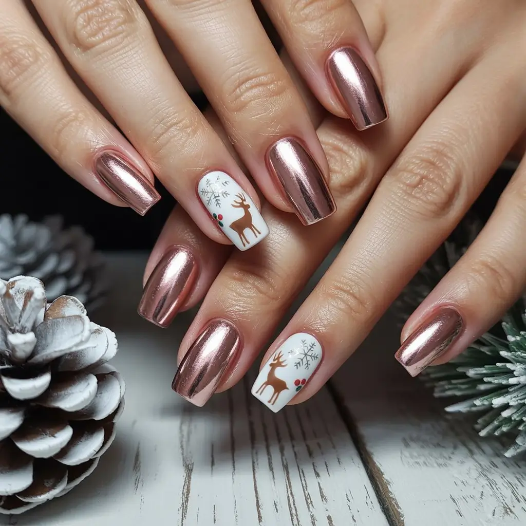 Chic Christmas Nails 2025 Rose Gold Reindeer Chic