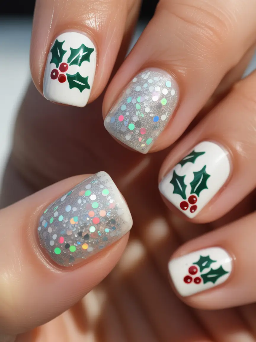 Chic Christmas Nails 2025 Silver Holly and Confetti Magic
