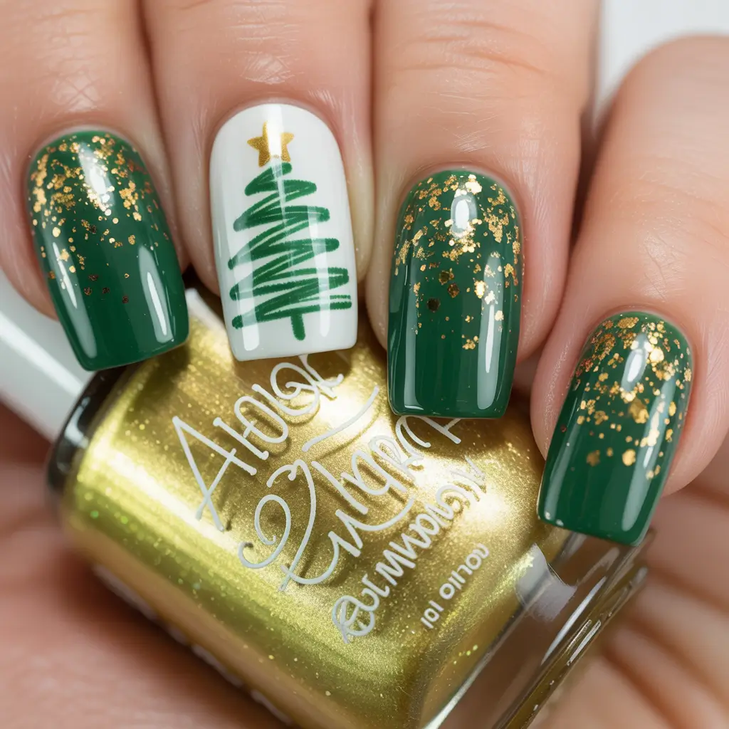 Chic Christmas Nails 2025 Golden Glow with Evergreen Charm