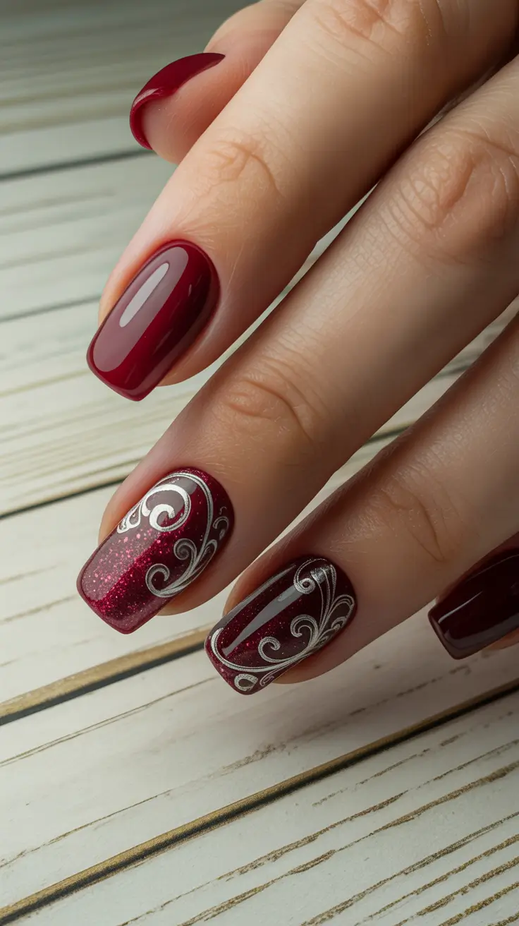 Chic Christmas Nails 2025 Plum Glamour with Silver Scrolls