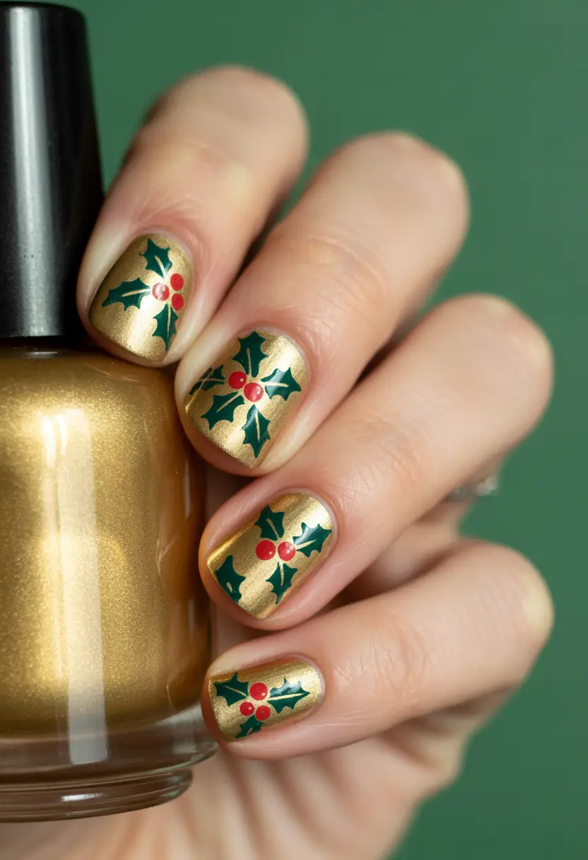 Chic Christmas Nails 2025 Vintage Holly Gold