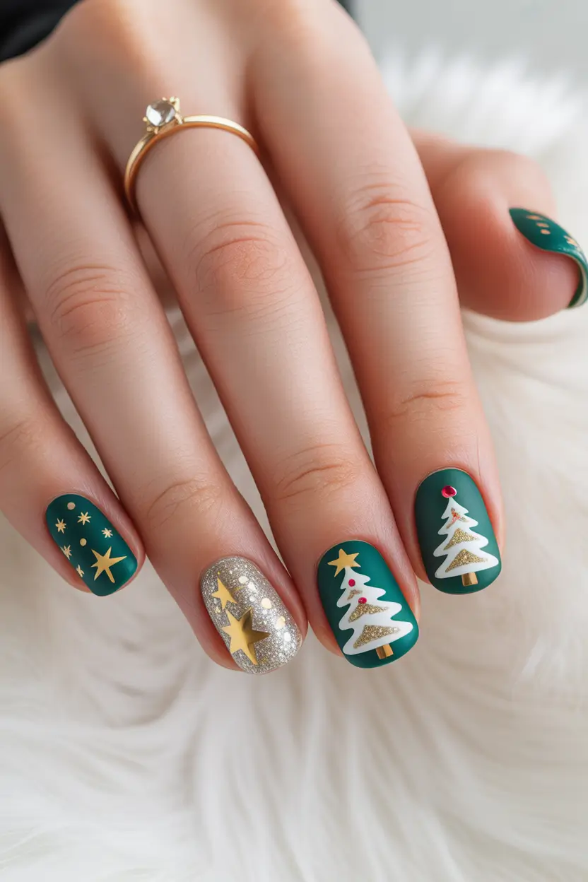 Chic Christmas Nails 2025 Emerald Trees and Golden Stars