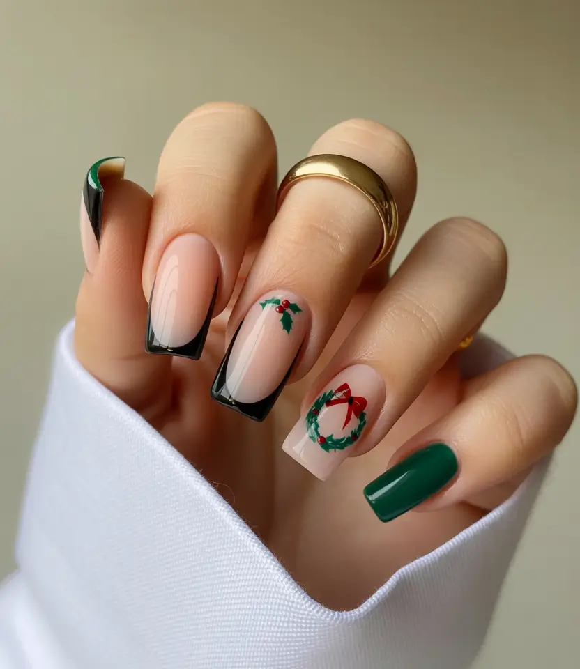 Chic Christmas Nails 2025 Classic Green Meets Minimalist Wreaths