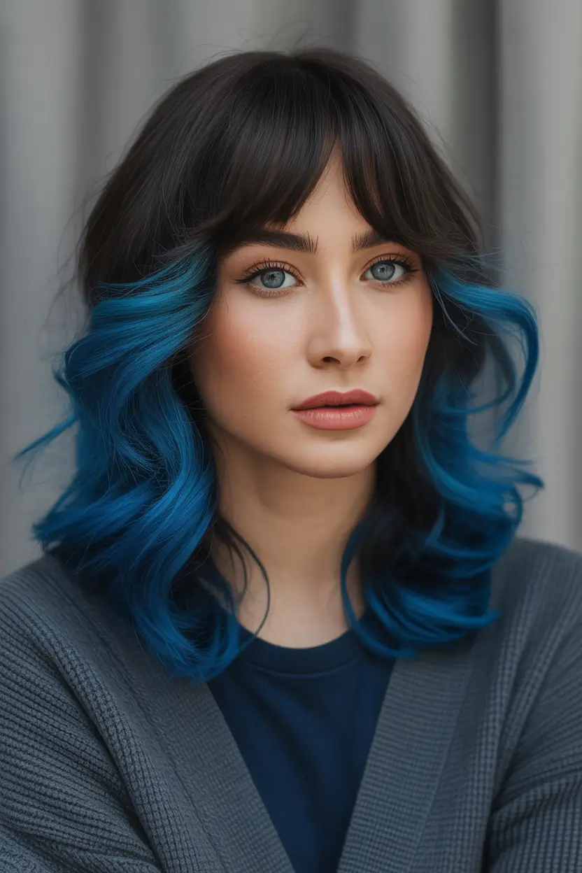 Chic Deep Winter Hair Color Ideas 2025–2026 Electric Blue with Dark Brunette Base