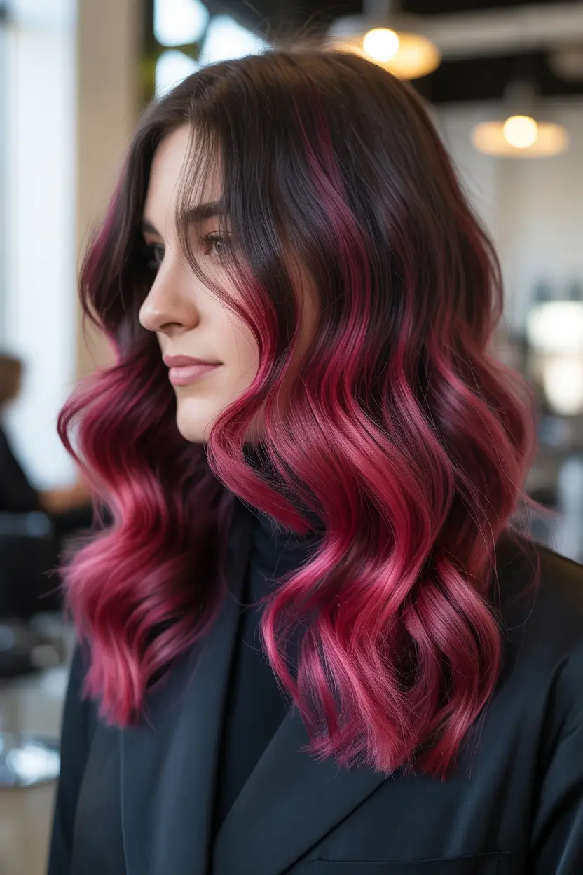 Chic Deep Winter Hair Color Ideas 2025–2026 Pink-Red Balayage Waves