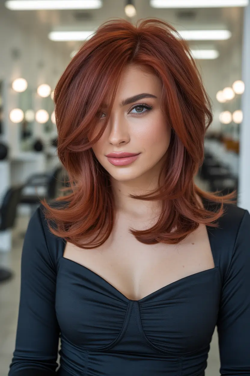Chic Deep Winter Hair Color Ideas 2025–2026 Copper Layered Shine