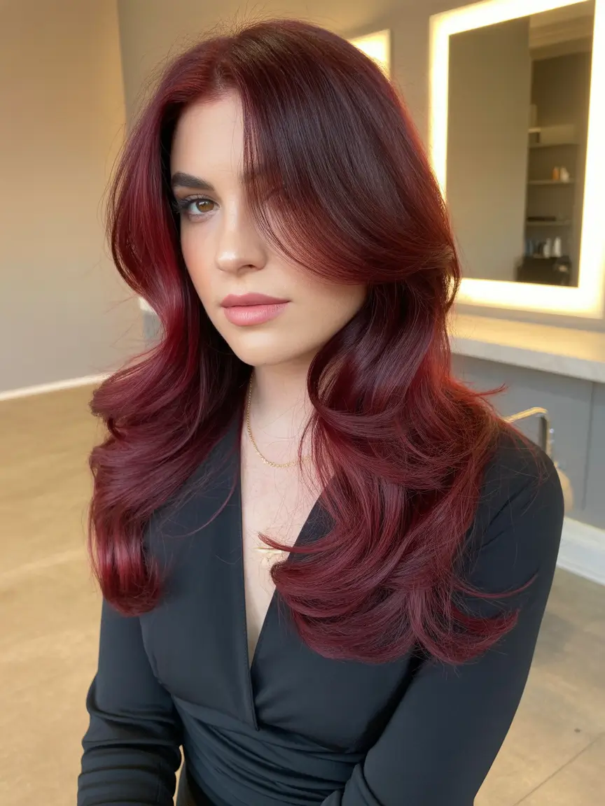 Chic Deep Winter Hair Color Ideas 2025–2026 Glossy Merlot Layers