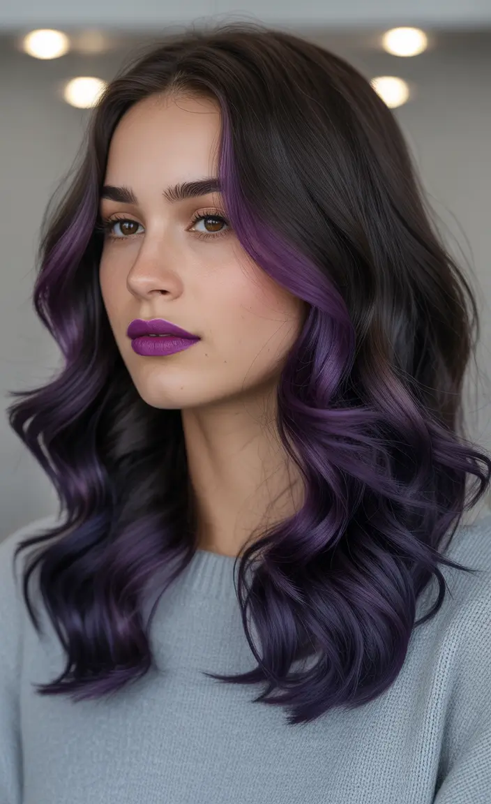 Chic Deep Winter Hair Color Ideas 2025–2026 Purple Face-Framing Streaks