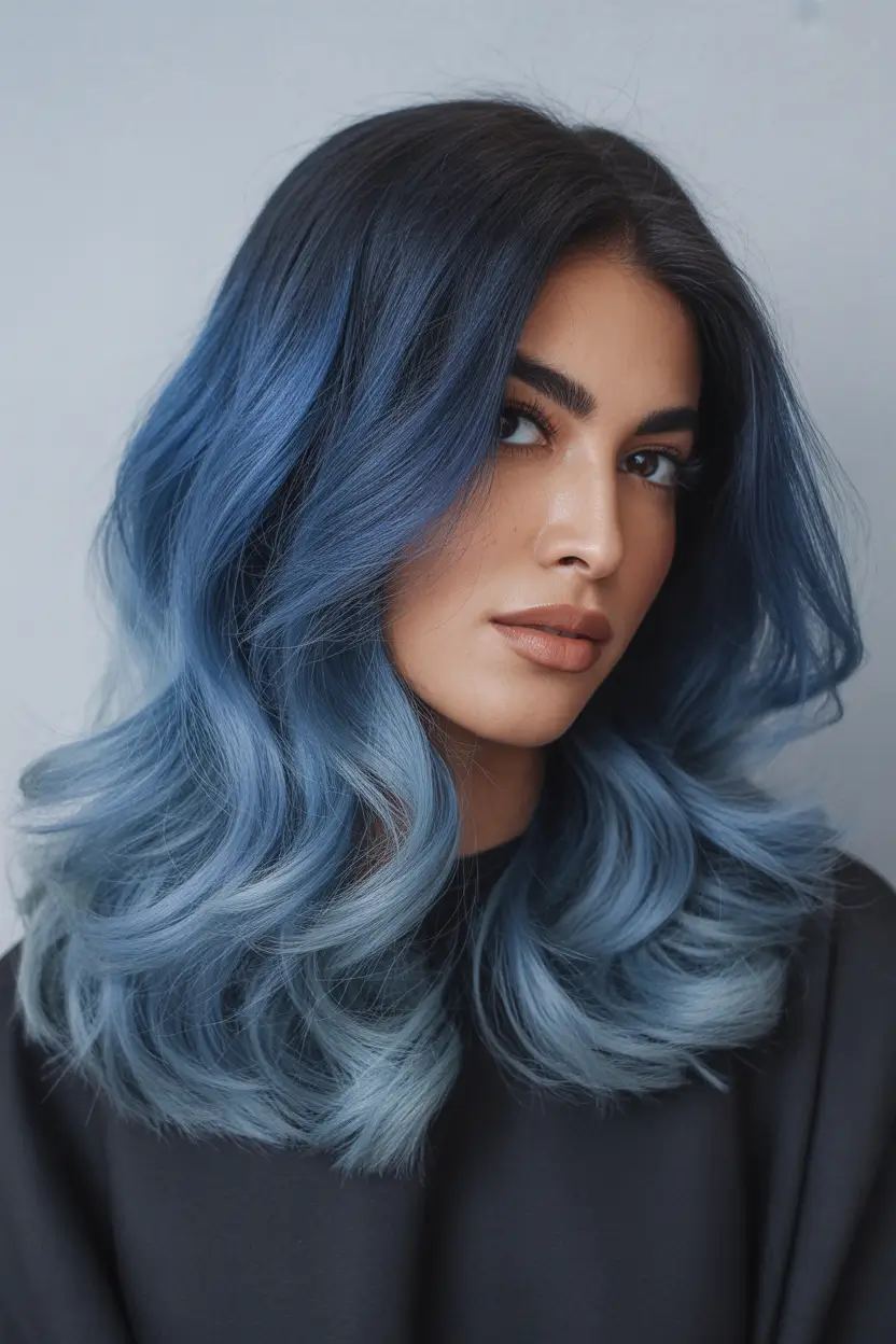 Chic Deep Winter Hair Color Ideas 2025–2026 Frosted Blue Balayage