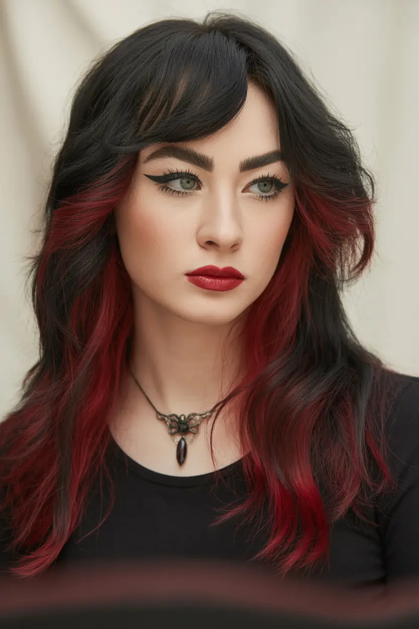 Chic Deep Winter Hair Color Ideas 2025–2026 Black and Crimson Two-Tone