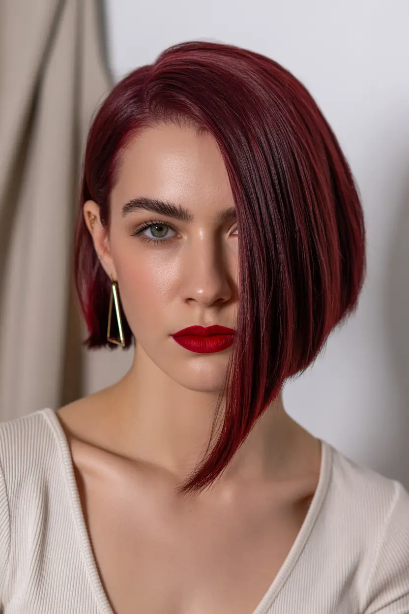 Chic Deep Winter Hair Color Ideas 2025–2026 Structured Burgundy Bob