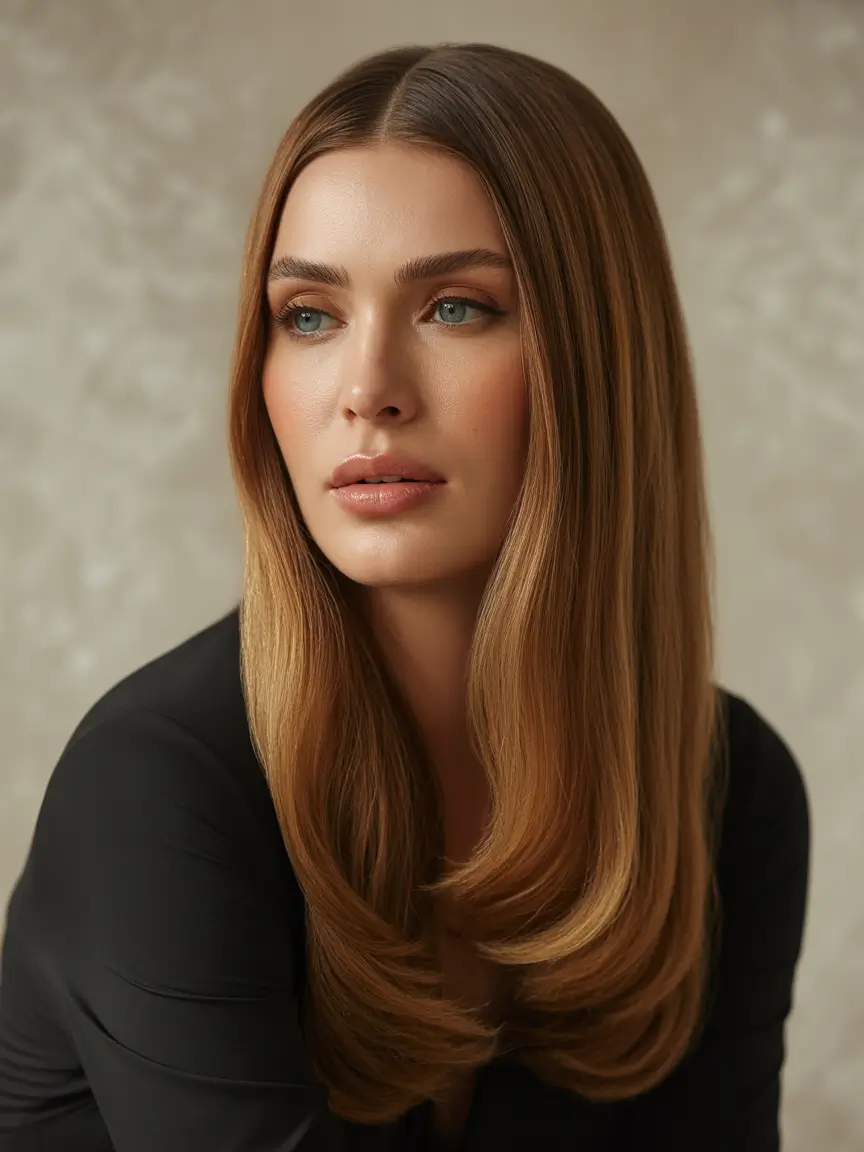 Chic Deep Winter Hair Color Ideas 2025–2026 Golden Caramel Flow