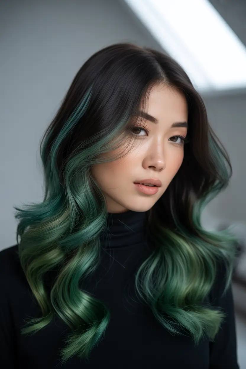Chic Deep Winter Hair Color Ideas 2025–2026 Emerald Green Balayage