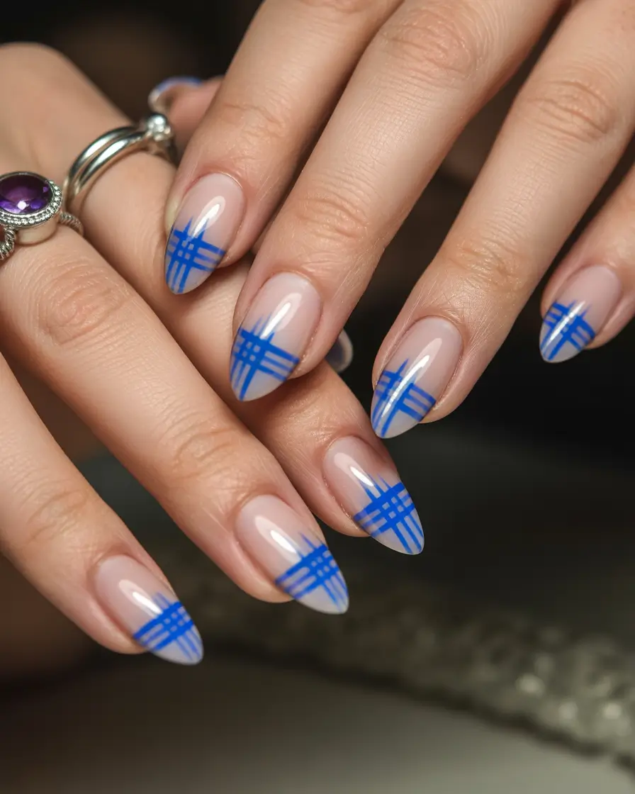 Christmas Acrylic Nails 2025 Festive Blue Plaid Acrylics