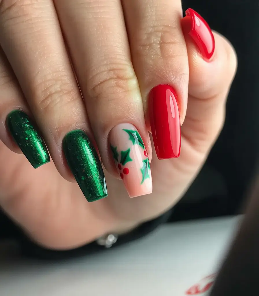 Christmas Acrylic Nails 2025 Classic Holly Charm