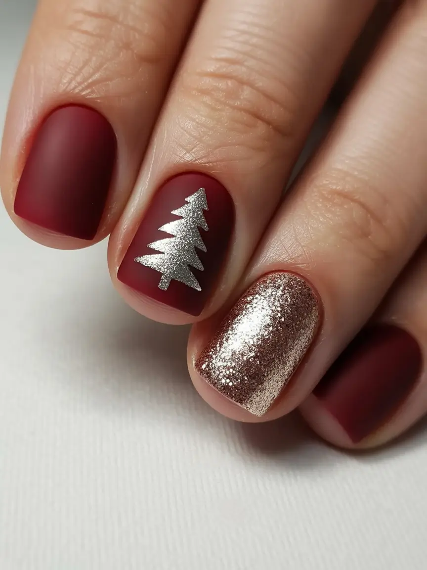 Christmas Acrylic Nails 2025 Matte Burgundy Christmas Tree