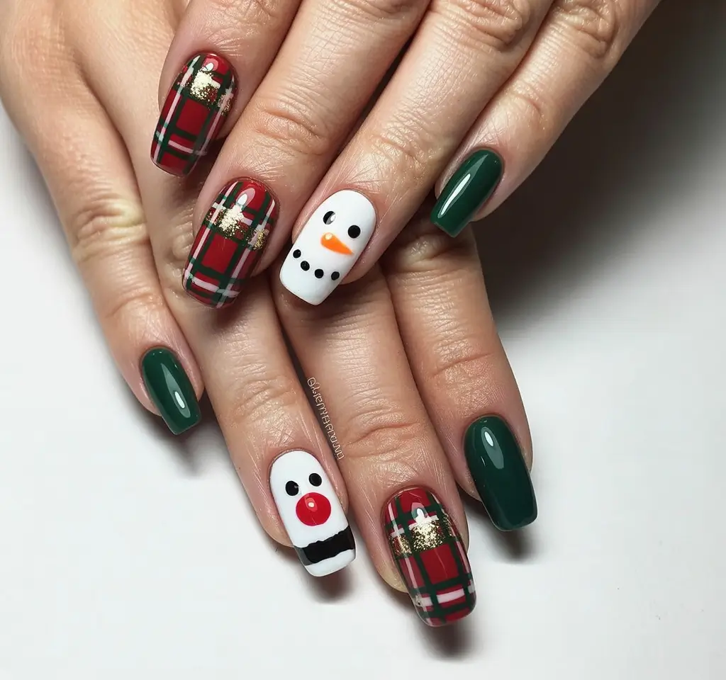 Christmas Acrylic Nails 2025 Playful Plaid & Snowman Set
