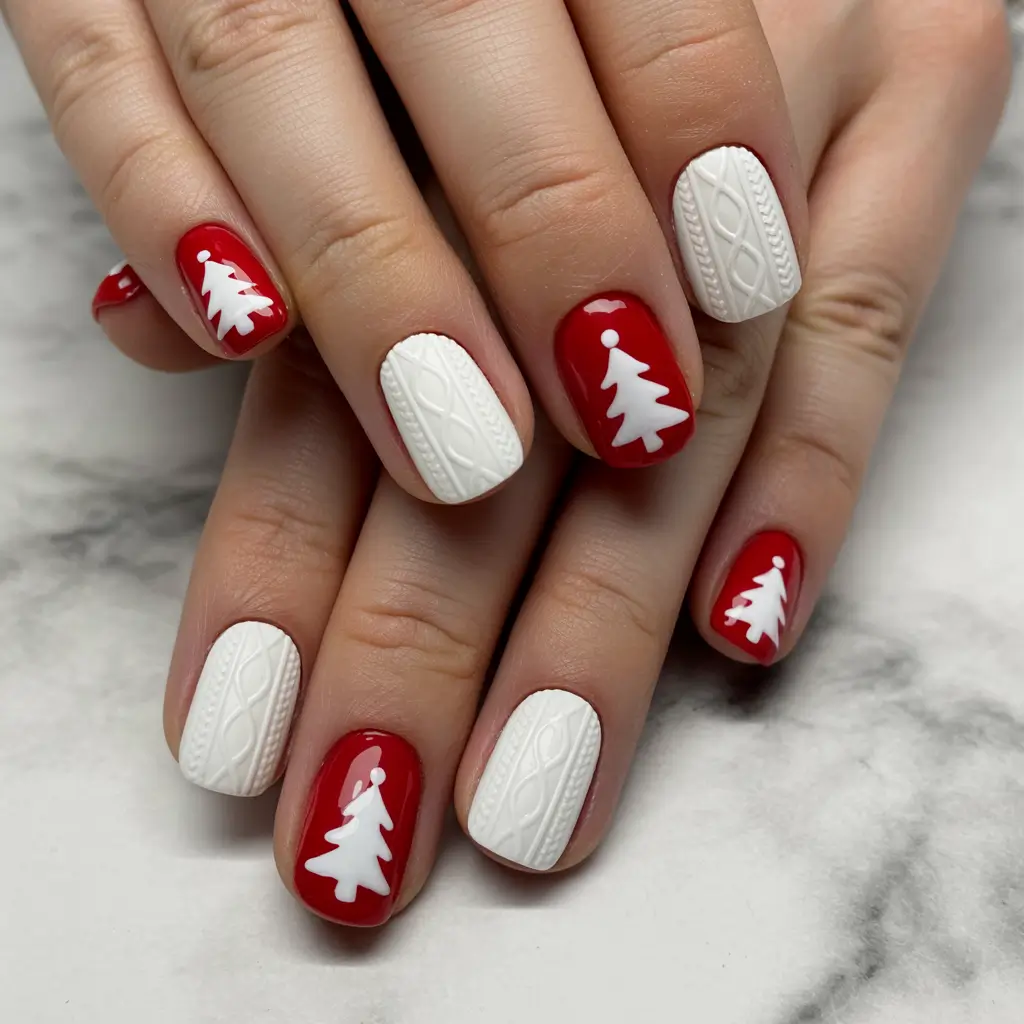 Christmas Acrylic Nails 2025 Cozy Sweater Tree Nails