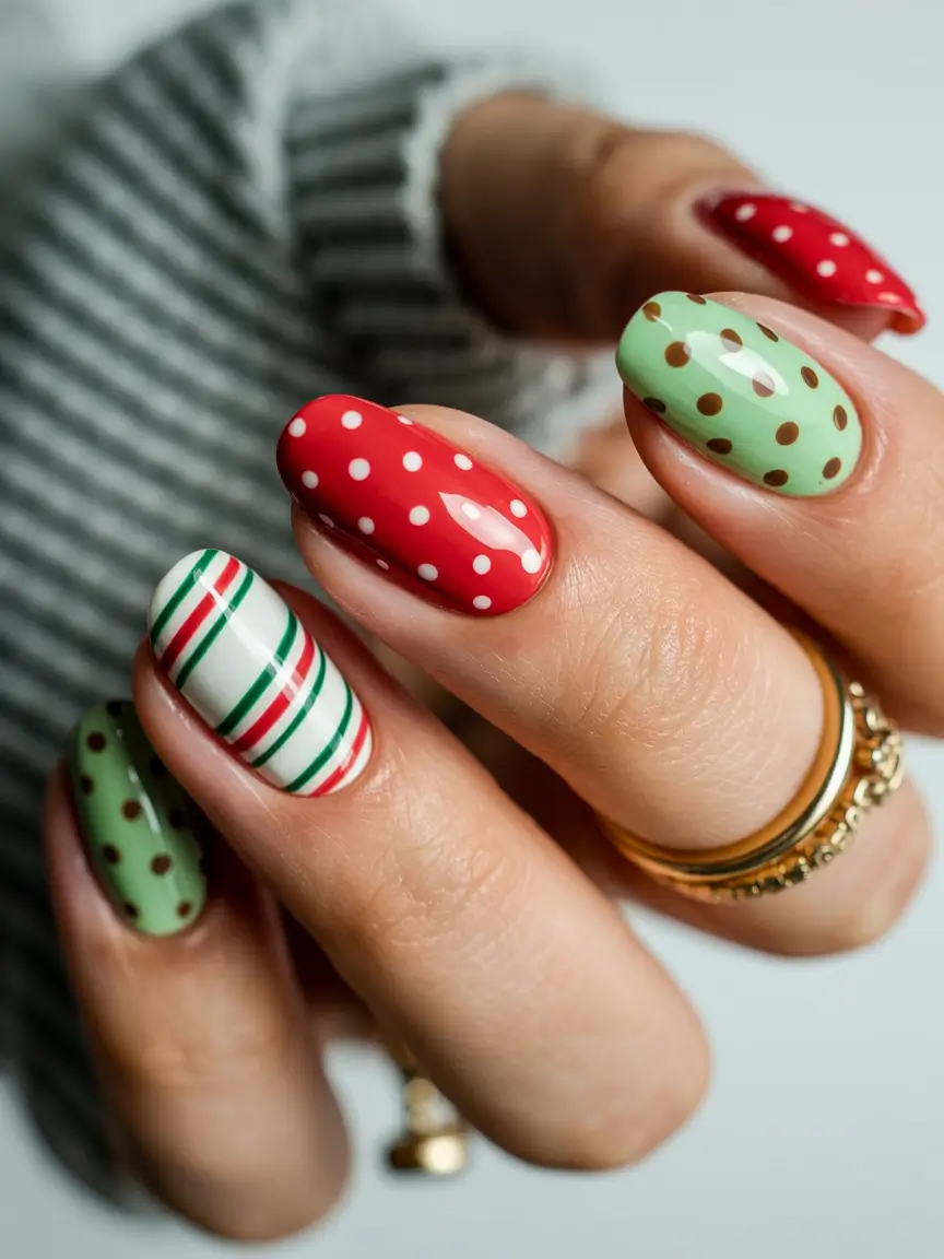 Christmas Acrylic Nails 2025 Mint & Cherry Polka Dots