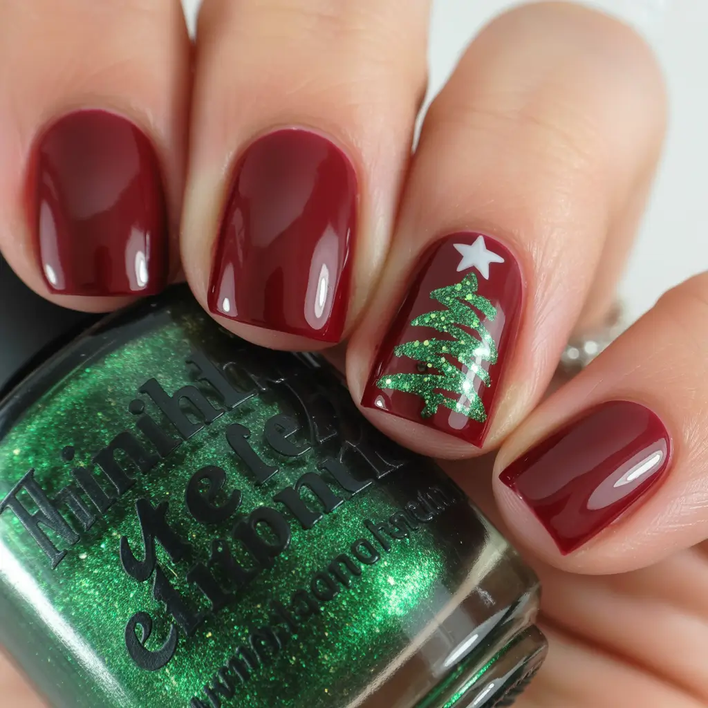 Christmas Acrylic Nails 2025 Gleaming Evergreen Accent