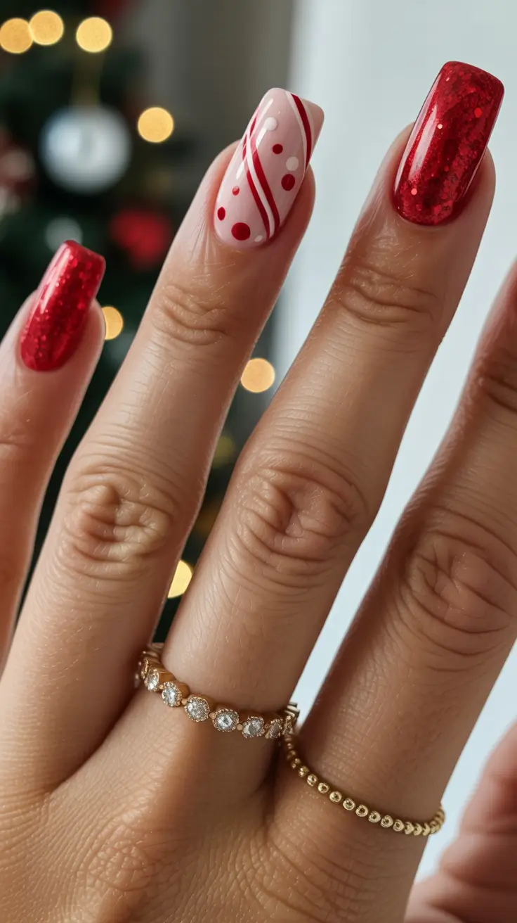Christmas Acrylic Nails 2025 Red Candy Swirl Charm