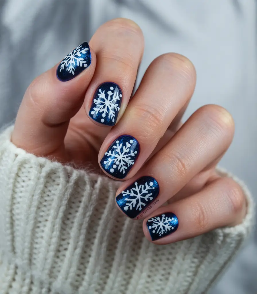 Christmas Acrylic Nails 2025 Midnight Snowflakes