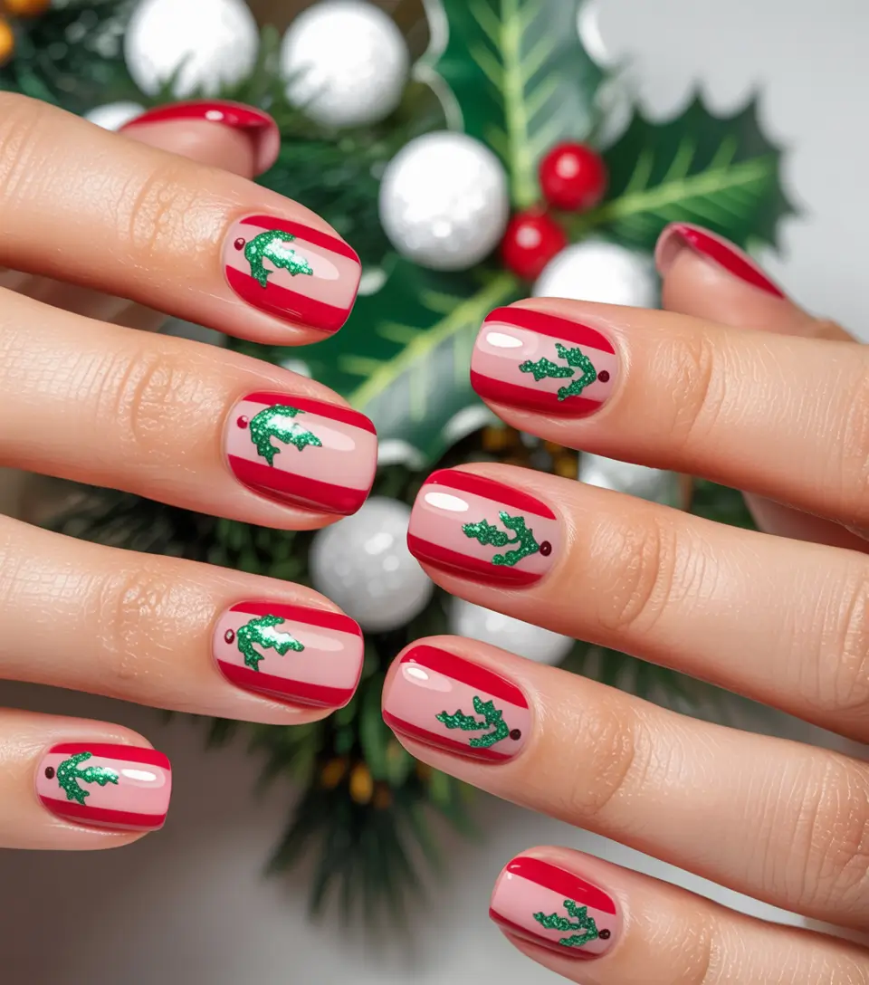 Christmas Acrylic Nails 2025 Modern Mistletoe Lines
