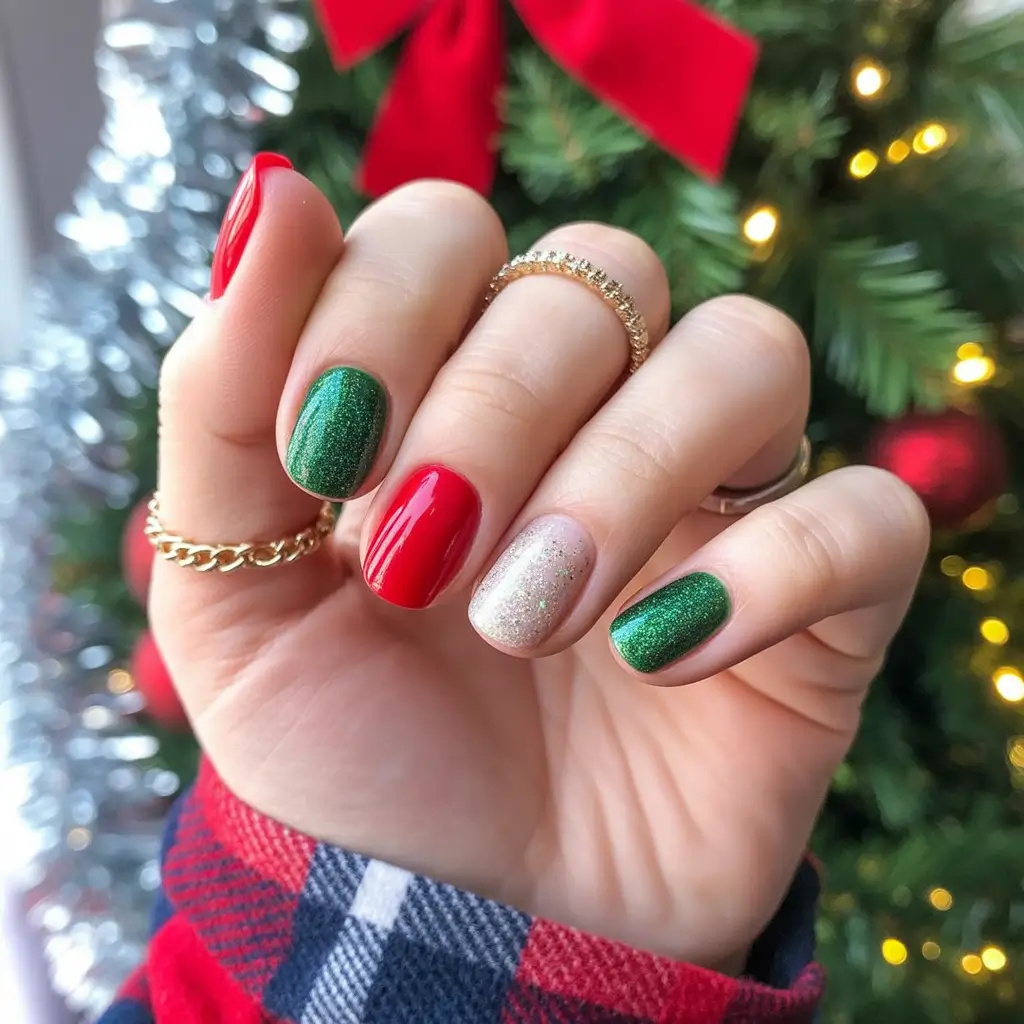 Christmas Acrylic Nails 2025 Red, Green & Champagne Mix