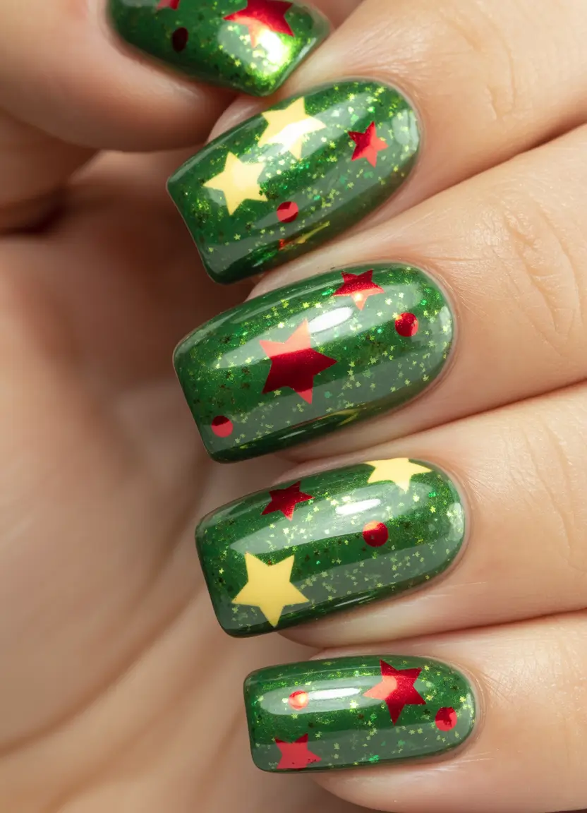 Christmas Acrylic Nails 2025 Green Starry Night