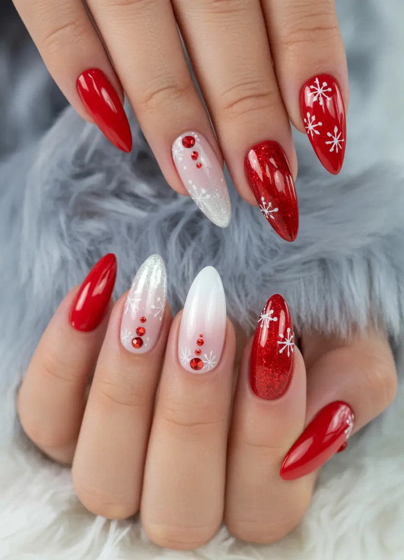Christmas Acrylic Nails 2025 Red & White Snow Sparkle