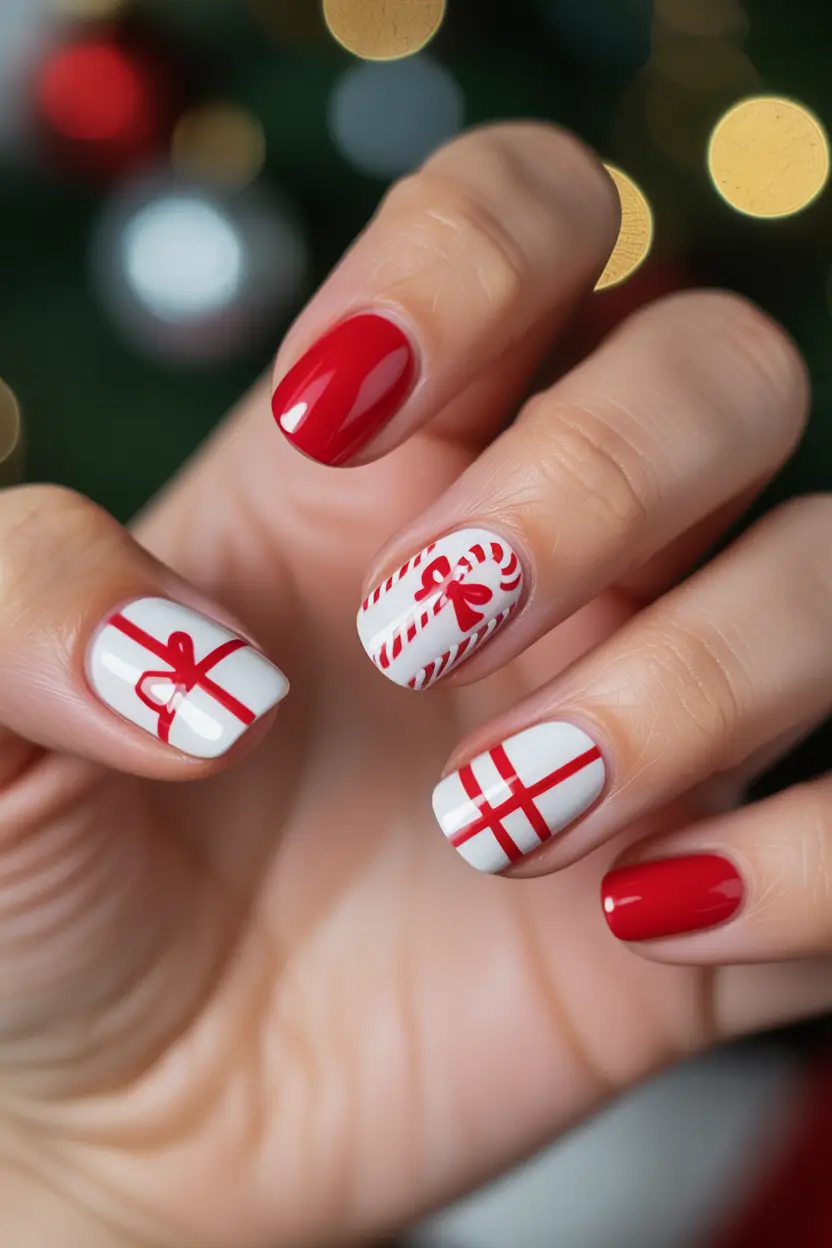 Christmas Acrylic Nails 2025 Gift Wrap Glam