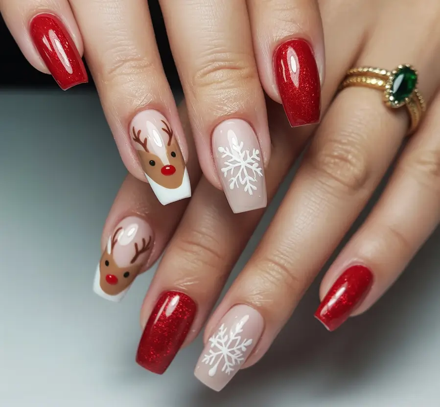 Christmas Nail Art 2025 Classic Reindeer and Snowflake Charm