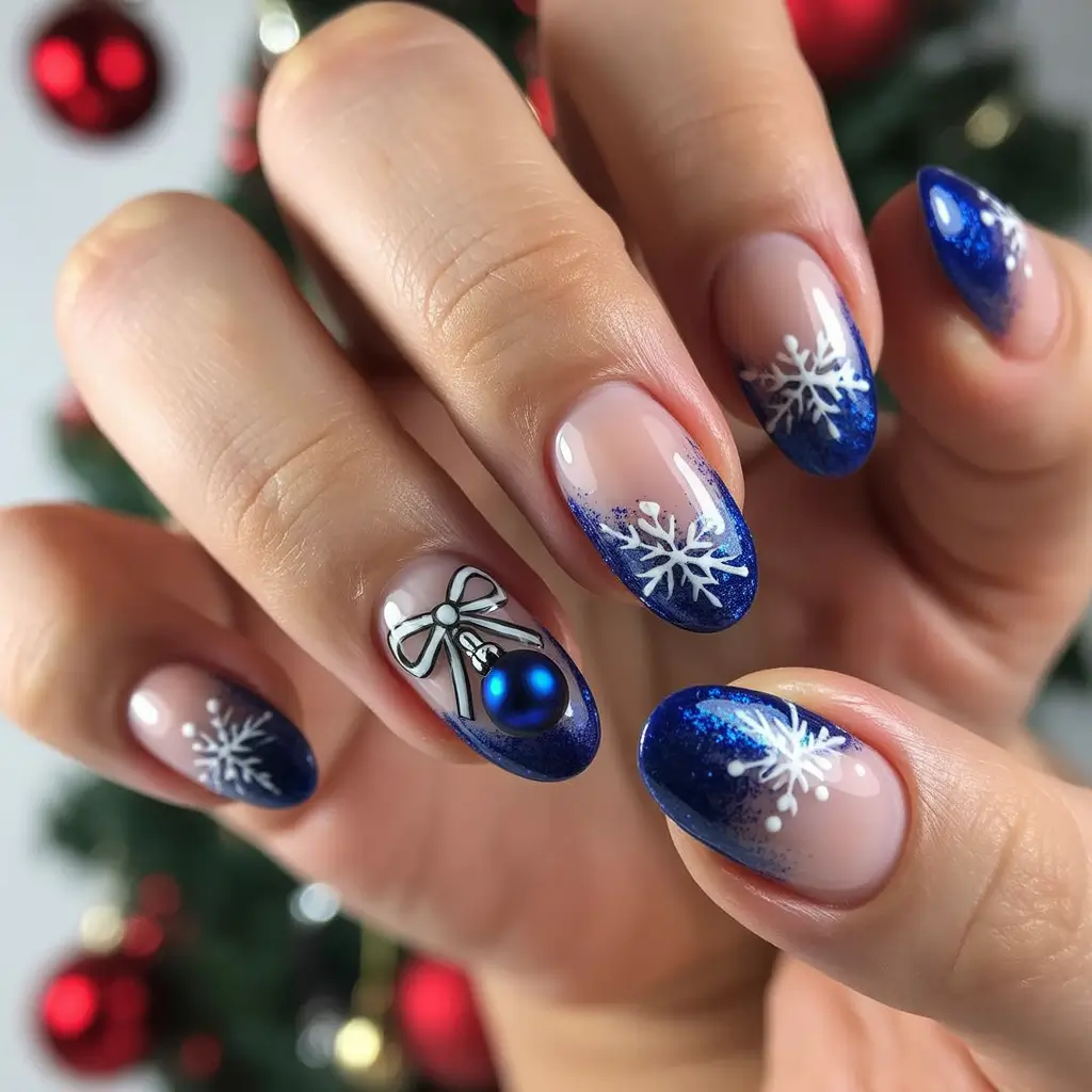 Christmas Nail Art 2025 Royal Blue Frost with Snowflake Details