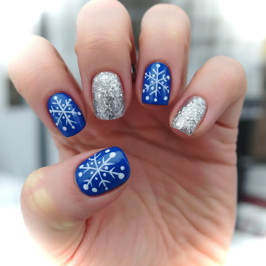 Christmas Nail Art 2025 Silver Spark and Snowflakes on Blue