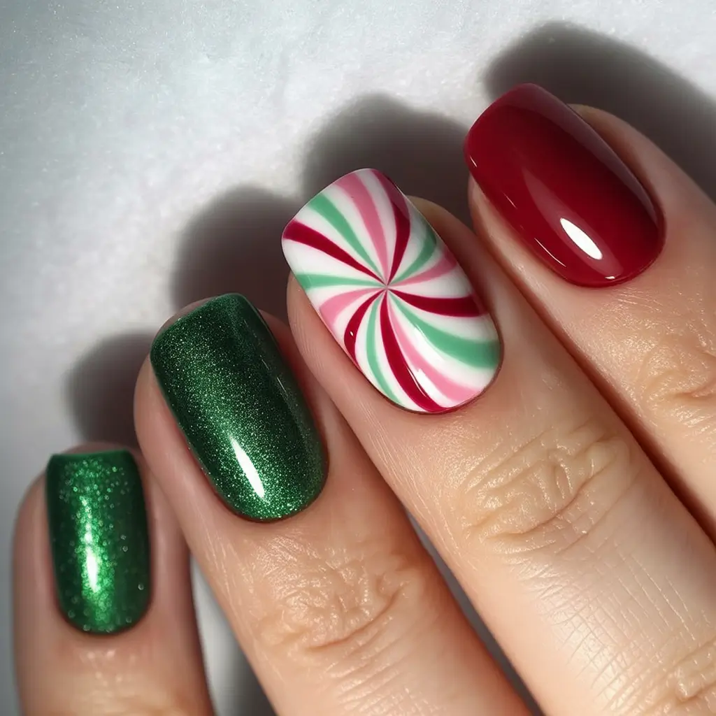 Christmas Nail Art 2025 Peppermint Swirl Delight