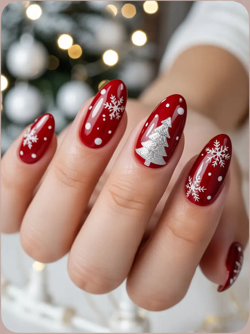 Christmas Nail Art 2025 Red and Silver Winter Magic