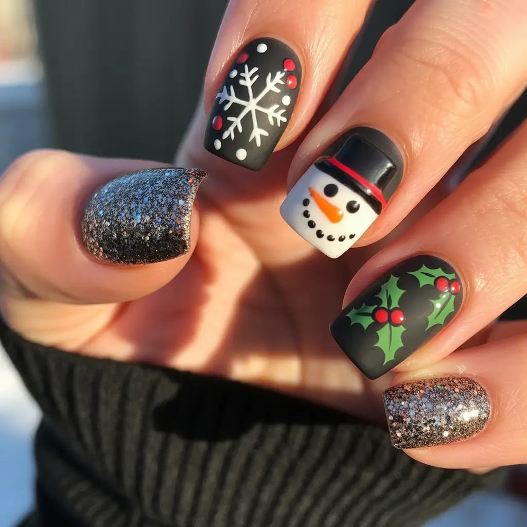 Christmas Nail Art 2025 Snowman & Holly Sparkle