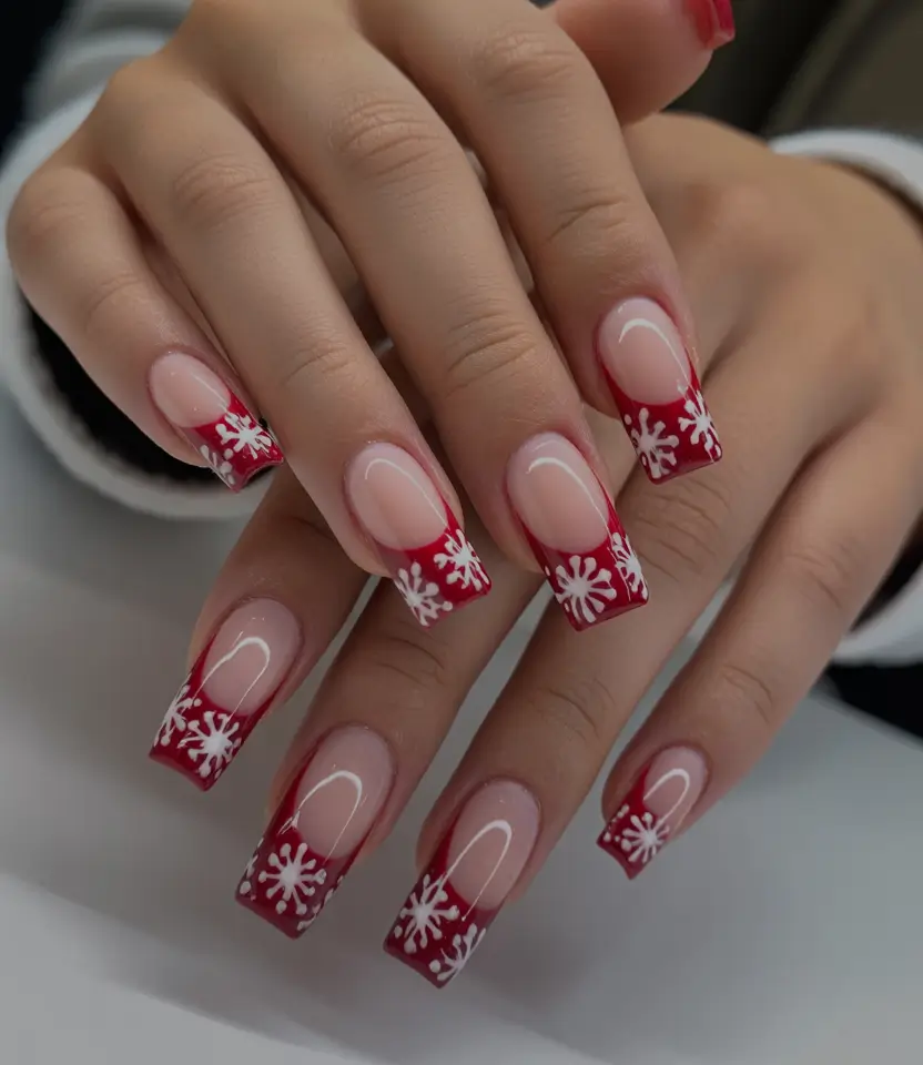 Christmas Nail Art 2025 Red French Tips with Snowflakes