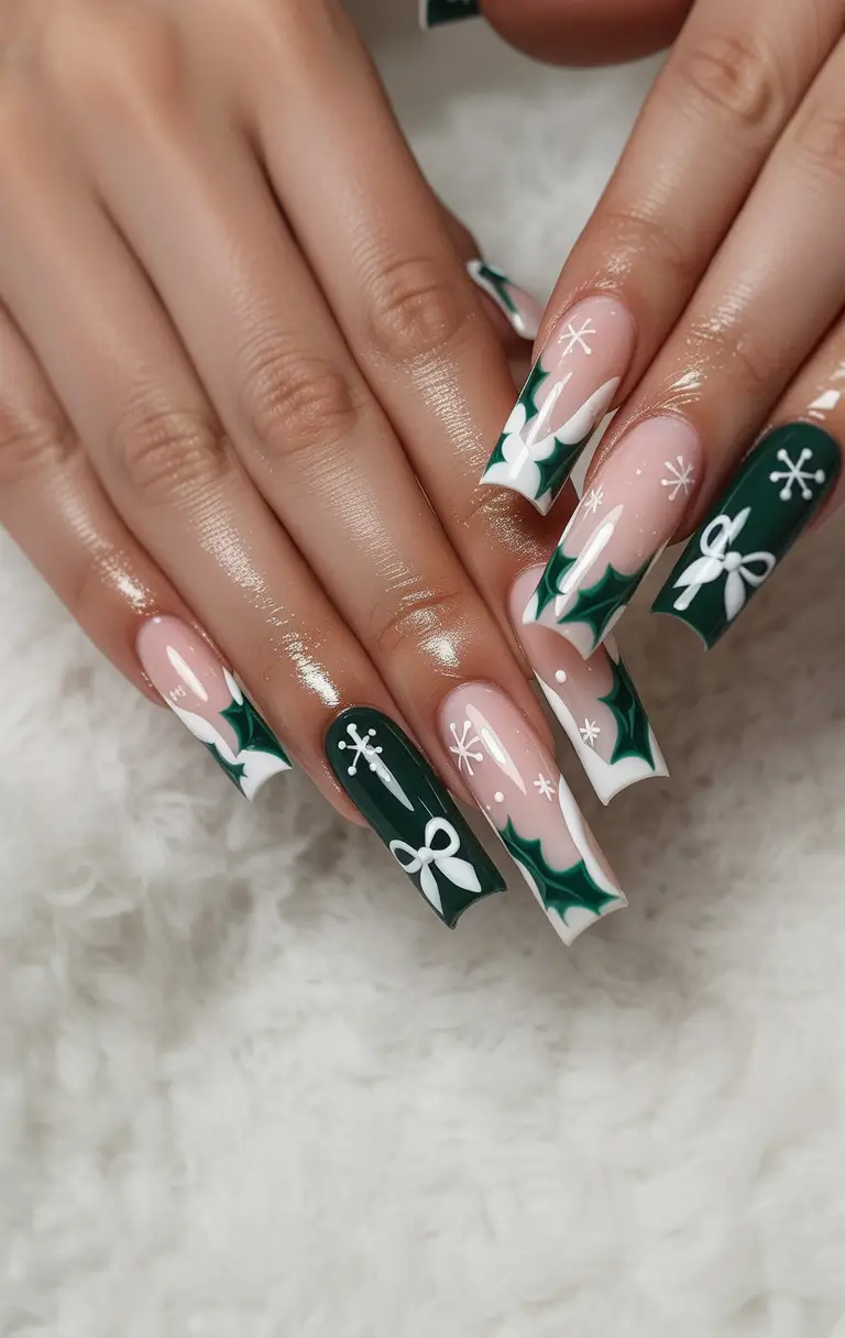 Christmas Nail Art 2025 Holly and Bows Glam