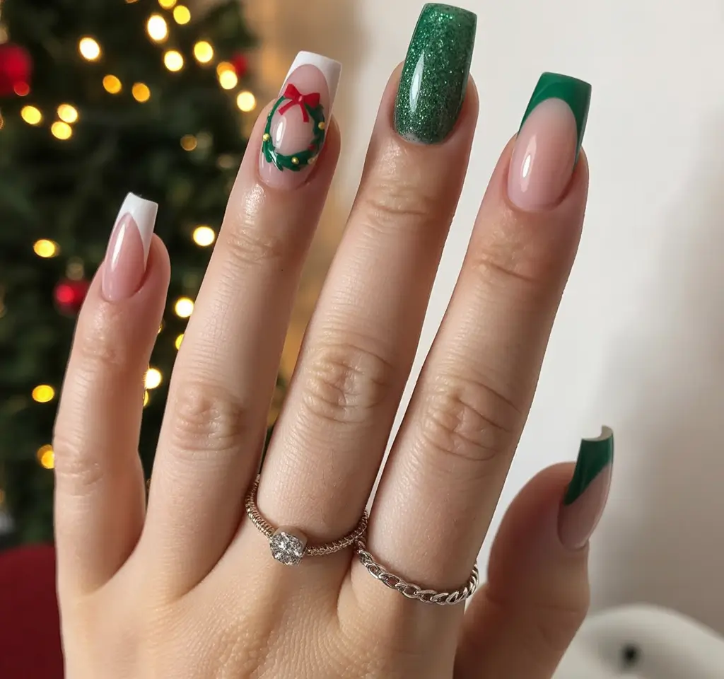 Christmas Nail Art 2025 Minimal Wreath Accents
