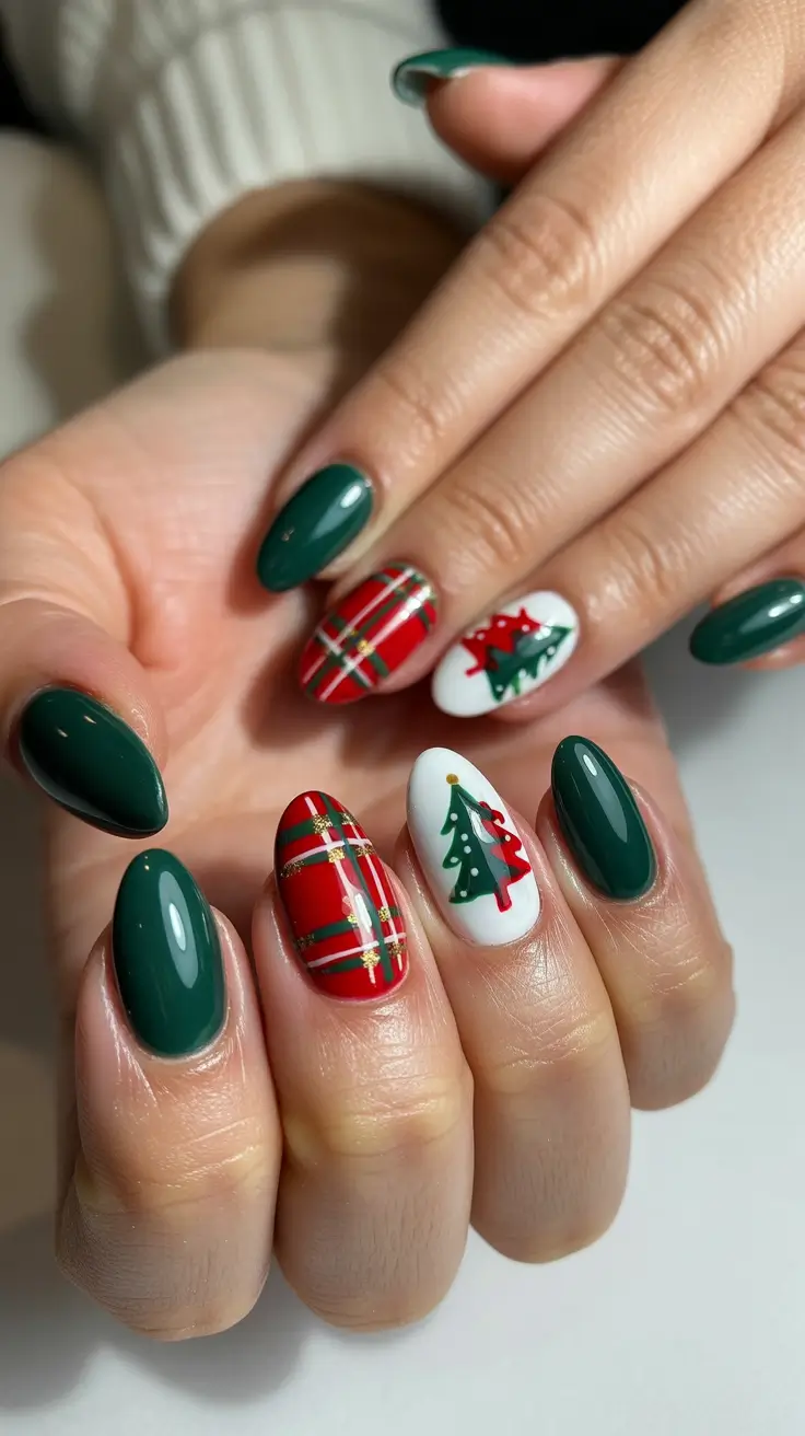 Christmas Nail Art 2025 Plaid and Evergreen Mix