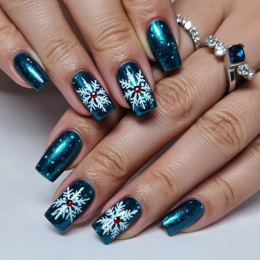 Christmas Nail Art 2025 Teal Snowflake Shimmer