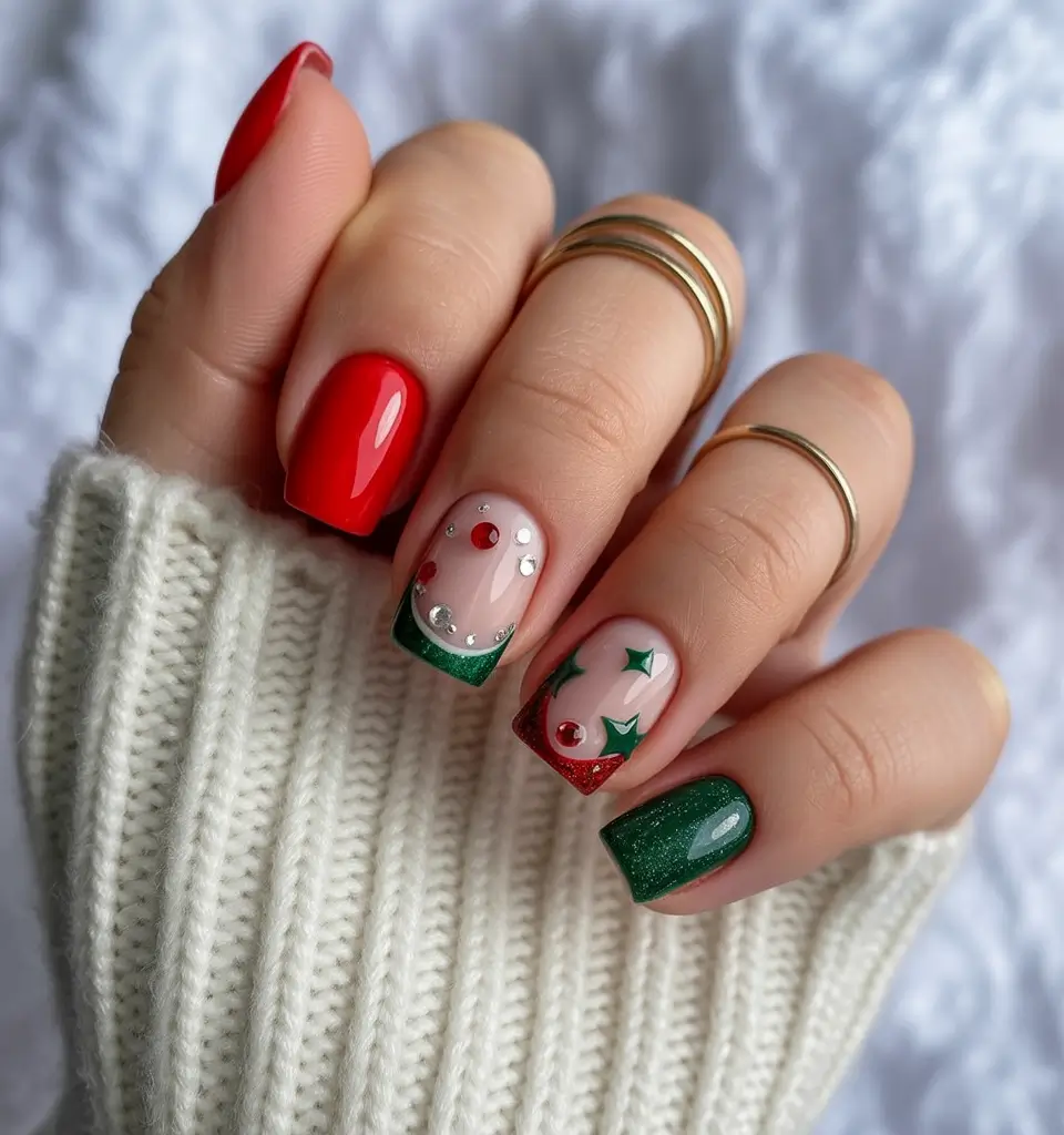 Christmas Nail Art 2025 Festive Gem French Mix